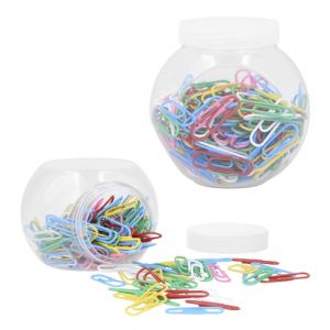 Porta clips cilíndrico de plástico con 200 clips de colores, 4 superficies planas para sostenerse, con tapa enroscable de plástico.